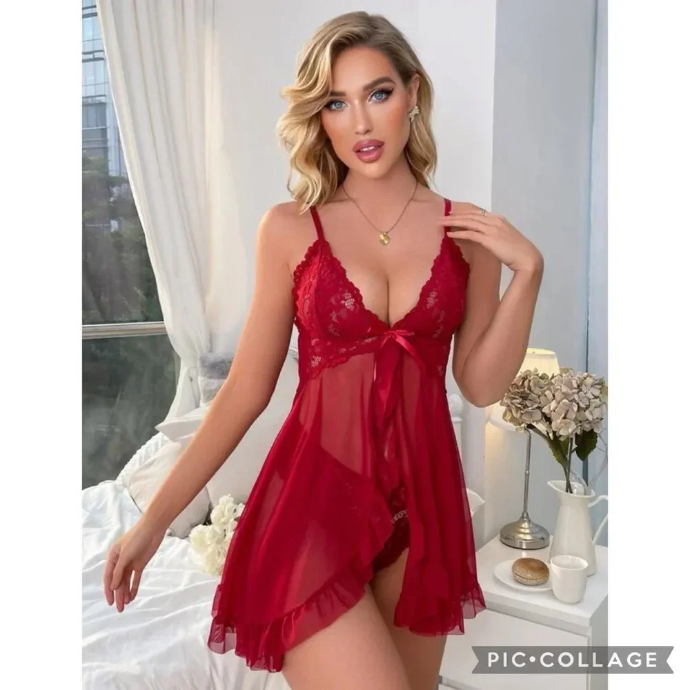 Sexy Burgundy Babydoll Lace Mesh 2 Piece Teddy Size Large